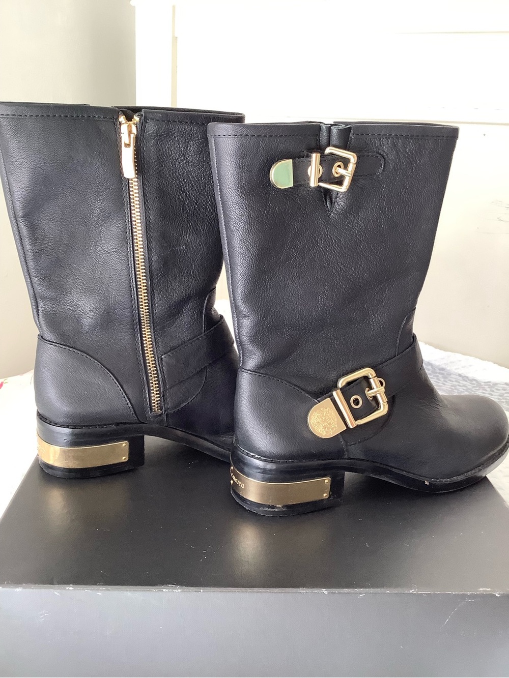 Vince Camuto Black Leather Mid-Calf Boots with Gold Hardware